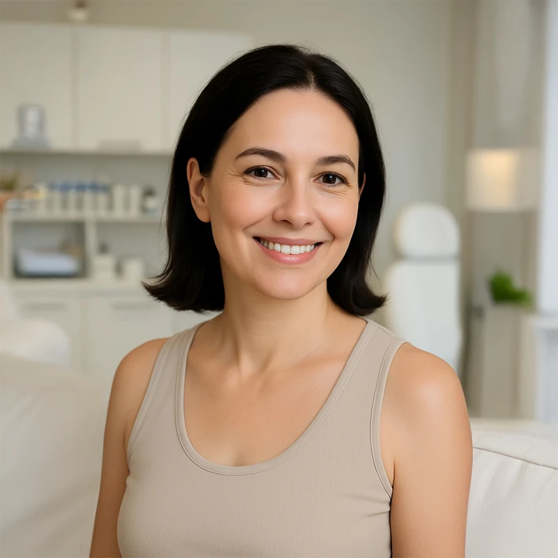 Lächelnde 45-jährige Frau mit ebenmäßiger, gepflegter Haut im verschwommenen Klinikraum – Beispielergebnis einer Smart-Hydro-Peeling-Behandlung