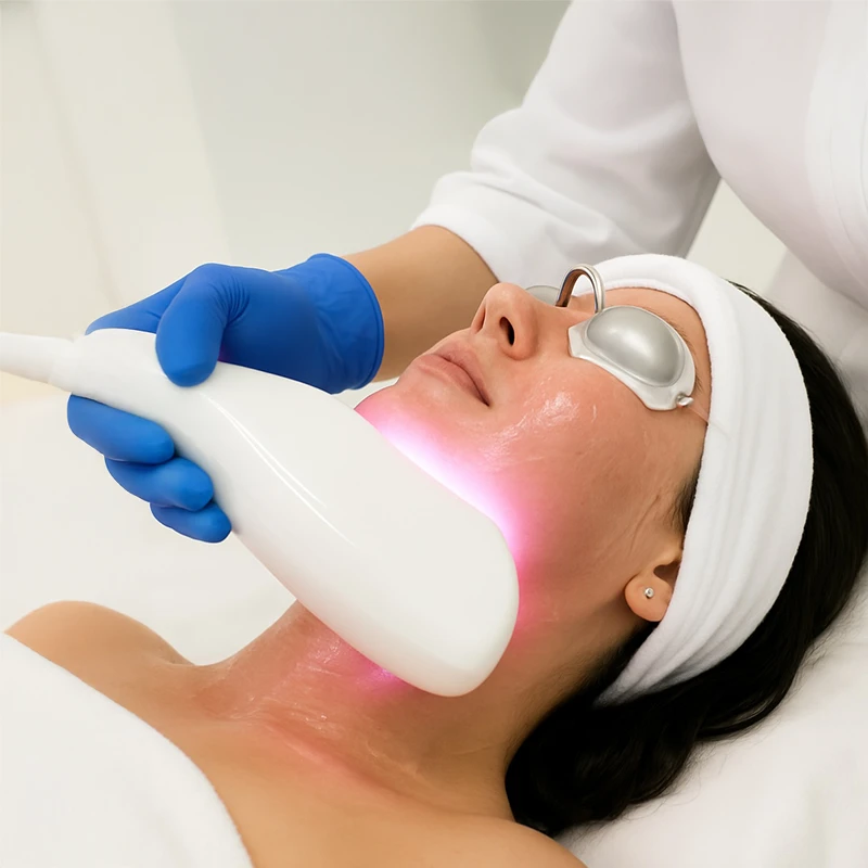 Frau erhält eine professionelle Hautstraffungsbehandlung mit dem Zaffiro Gerät